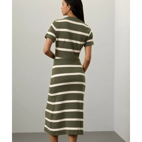 Tanya Taylor Olive Striped Dress LARGE Cotton Knit Work Career Designer $355 - Picture 2 of 13